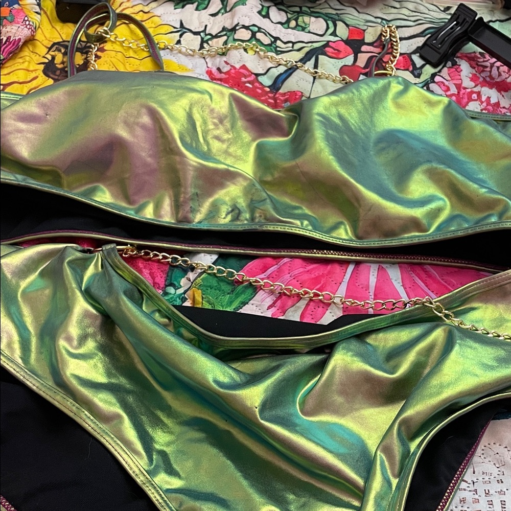 Metallic Greenish hold Bikini Top and bottom with attached chains